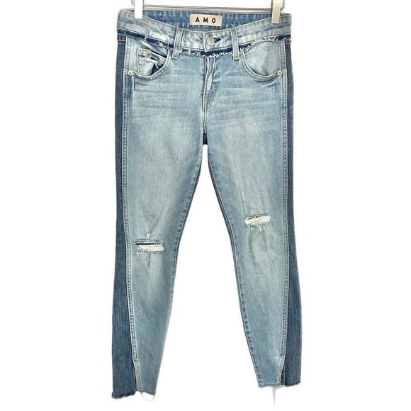 AMO Blue Twist Two Tone Rise & Shine Split Hem Skinny Jeans 25 - Picture 2 of 8